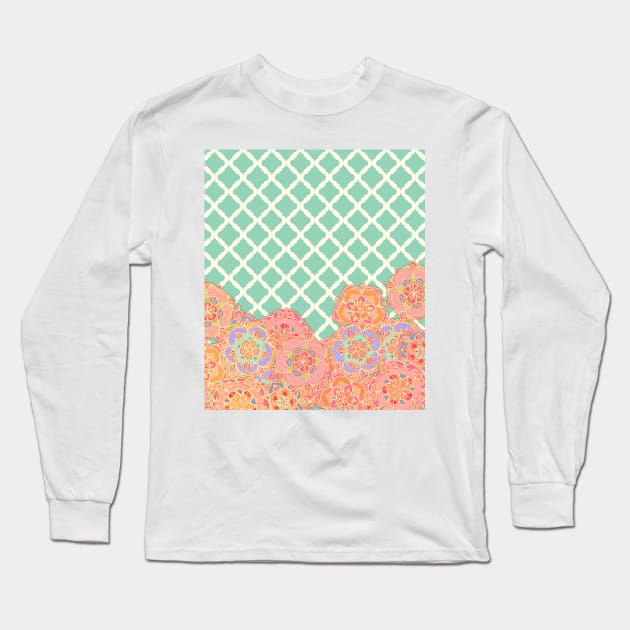 Floral Doodle on Mint Moroccan Lattice Long Sleeve T-Shirt by micklyn